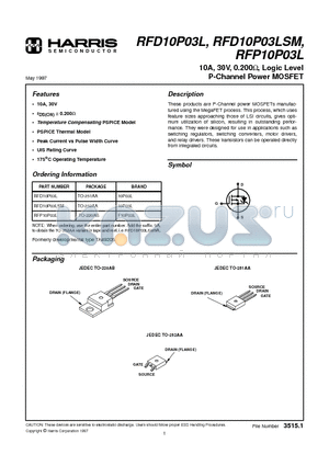 RFD10P03L datasheet - 10A, 30V, 0.200 ohm, Logic Level P-Channel Power MOSFET