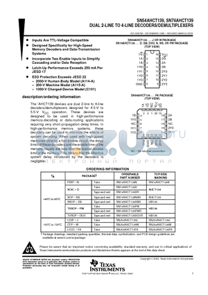 SN74AHCT139DR datasheet - DUAL 2-LINE TO 4-LINE DECODERS/DEMULTIPLEXERS