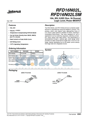 RFD16N02 datasheet - 16A, 20V, 0.022 Ohm, N-Channel, Logic Level, Power MOSFET