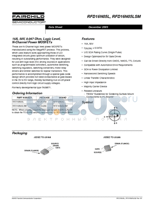 RFD16N05L datasheet - 16A, 50V, 0.047 Ohm, Logic Level, N-Channel Power MOSFETs