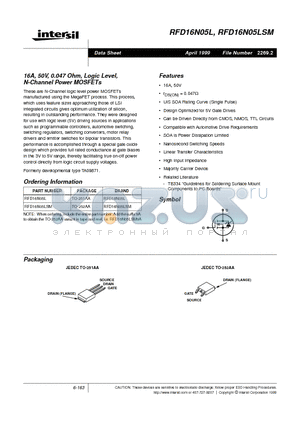 RFD16N05 datasheet - 16A, 50V, 0.047 Ohm, Logic Level, N-Channel Power MOSFETs