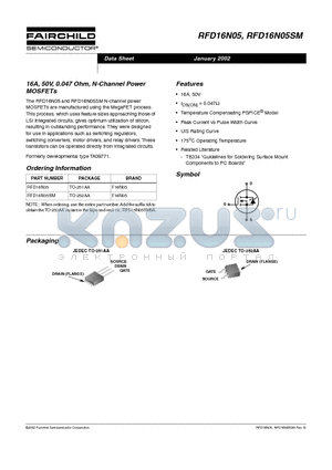 RFD16N05SM datasheet - 16A, 50V, 0.047 Ohm, N-Channel Power MOSFETs