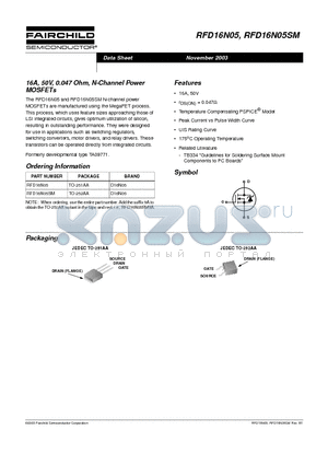 RFD16N05SM datasheet - 16A, 50V, 0.047 Ohm, N-Channel Power MOSFETs