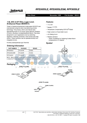 RFD3055LE datasheet - 11A, 60V, 0.107 Ohm, Logic Level, N-Channel Power MOSFETs