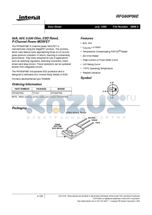 RFG60P06E datasheet - 60A, 60V, 0.030 Ohm, ESD Rated, P-Channel Power MOSFET
