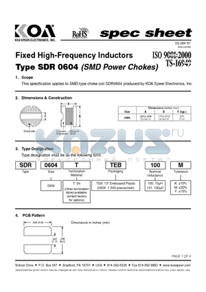 SDR0604TTEB100K datasheet - Fixed High-Frequency Inductors
