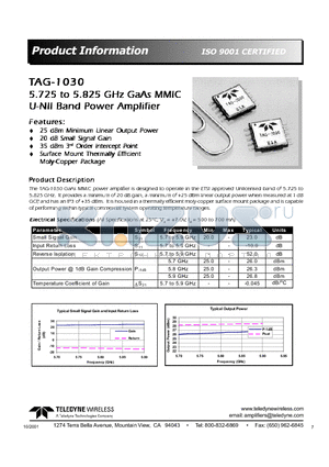 TAG-1030 datasheet - 5.725 to 5.825 GHz MMIC U-NII Band Power Amplifier