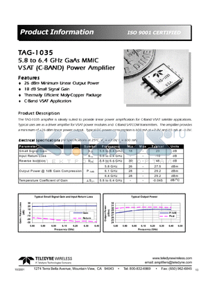 TAG-1035 datasheet - 5.8 to 6.4 GHz GaAs MMIC VSAT (C-BAND) Power Amplifier