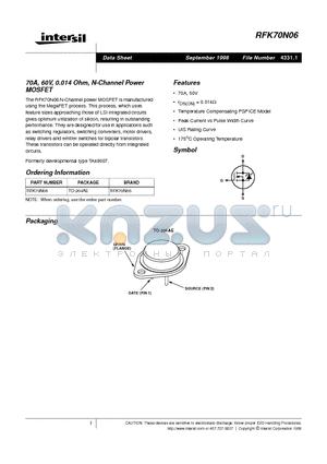 RFK70N06 datasheet - 70A, 60V, 0.014 Ohm, N-Channel Power MOSFET