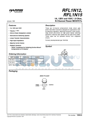 RFL1N15 datasheet - 1A, 120V and 150V, 1.9 Ohm, N-Channel Power MOSFETs