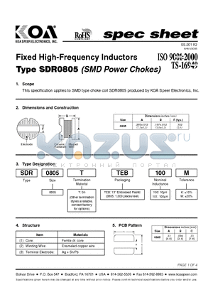 SDR0805TTEB101M datasheet - Fixed High-Frequency Inductors