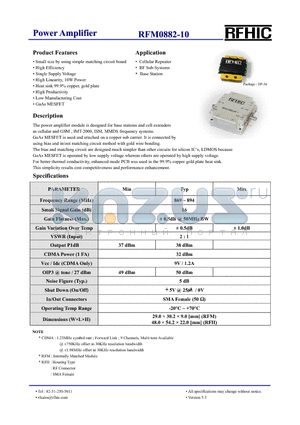 RFM0882-10 datasheet - Power Amplifier