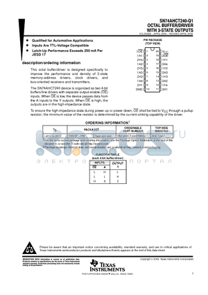 SN74AHCT240-Q1 datasheet - OCTAL BUFFER/DRIVER WITH 3-STATE OUTPUTS