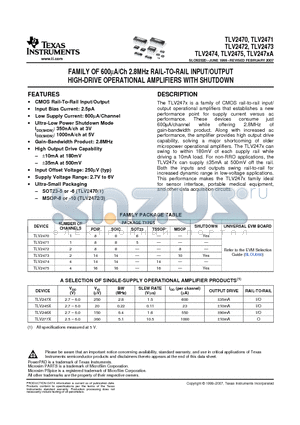 TLV2470CDBV datasheet - FAMILY OF 600mA/Ch 2.8MHz RAIL-TO-RAIL INPUT/OUTPUT HIGH-DRIVE OPERATIONAL AMPLIFIERS WITH SHUTDOWN