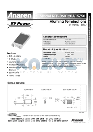 RFP-060120A15Z50 datasheet - Alumina Terminations 8 Watts 50ohm