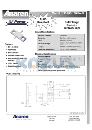 RFP-100-100RW-S datasheet - Full Flange Resistor 100 Watts, 100Ohms