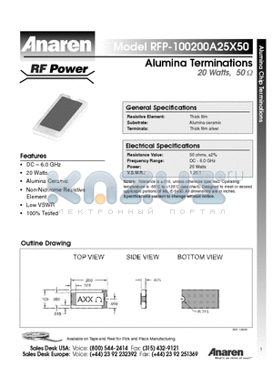 RFP-100200A25X50 datasheet - Alumina Terminations 20 Watts, 50 ohm