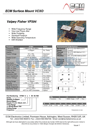 VF594L15046.72M datasheet - Wide Frequency Range, Very Low Phase Jitter, Wide Pullability, Standard Footprint, Wide Operating Temperature, EMI Shielded