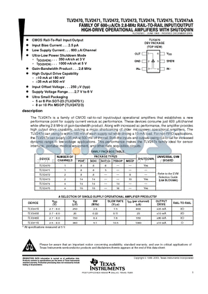 TLV2471CDBVR datasheet - FAMILY OF 600-mA/Ch 2.8-MHz RAIL-TO-RAIL INPUT/OUTPUT HIGH-DRIVE OPERATIONAL AMPLIFIERS WITH SHUTDOWN