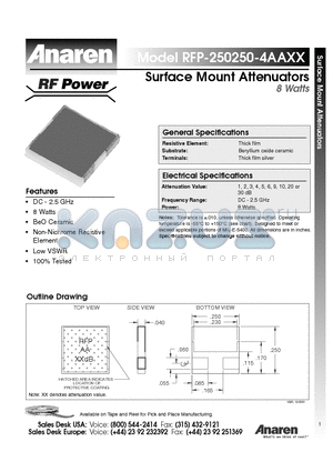RFP-250250-4AA10 datasheet - Surface Mount Attenuators 8 Watts