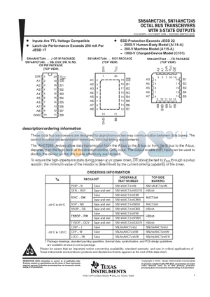 SN74AHCT245DWE4 datasheet - OCTAL BUS TRANSCEIVERS WITH 3-STATE OUTPUTS