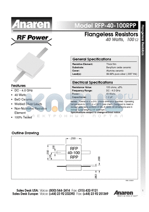 RFP-40-100RPP datasheet - Flangeless Resistors