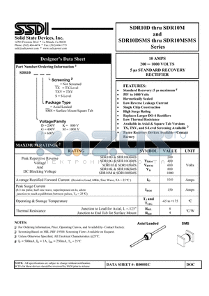 SDR10JS datasheet - 10 AMPS 200 - 1000 VOLTS 5 ns STANDARD RECOVERY  RECTIFIER