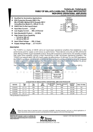 TLV2471QDRQ1 datasheet - FAMILY OF 600-lA/Ch 2.8-MHz RAIL-TO-RAIL INPUT/OUTPUT HIGH-DRIVE OPERATIONAL AMPLIFIERS
