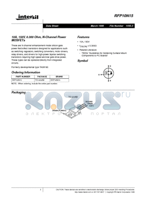 RFP10N15 datasheet - 10A, 150V, 0.300 Ohm, N-Channel Power MOSFETs