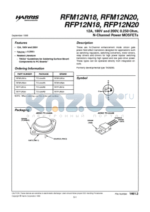 RFP12N20 datasheet - 12A, 180V and 200V, 0.250 Ohm, N-Channel Power MOSFETs