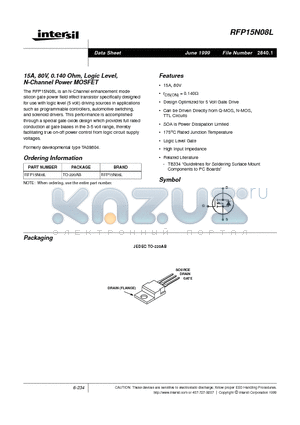 RFP15N08L datasheet - 15A, 80V, 0.140 Ohm, Logic Level, N-Channel Power MOSFET