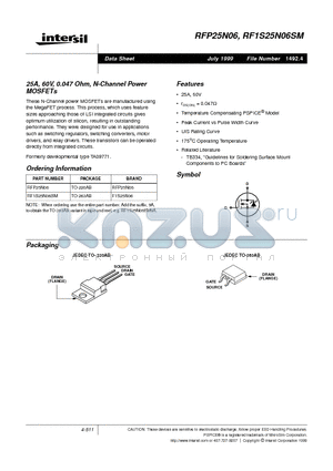 RFP25N06 datasheet - 25A, 60V, 0.047 Ohm, N-Channel Power MOSFETs