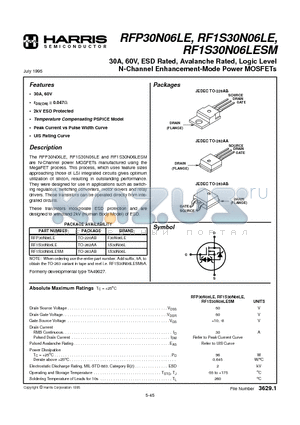 RFP30N06LE datasheet - 30A, 60V, ESD Rated, Avalanche Rated, Logic Level N-Channel Enhancement-Mode Power MOSFETs