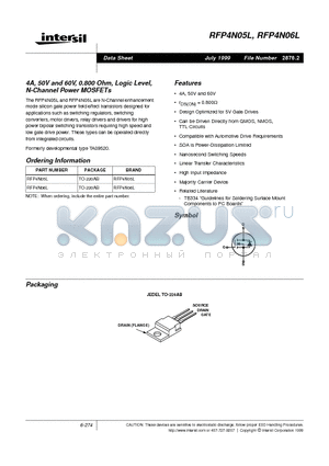 RFP4N05L datasheet - 4A, 50V and 60V, 0.800 Ohm, Logic Level, N-Channel Power MOSFETs