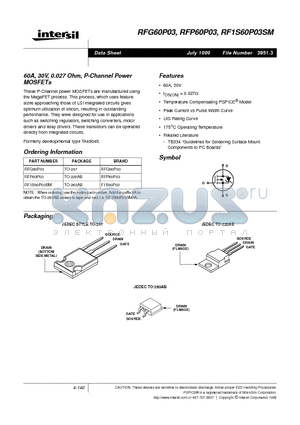 RFP60P03 datasheet - 60A, 30V, 0.027 Ohm, P-Channel Power MOSFETs