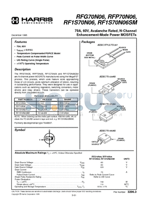 RFP70N06 datasheet - 70A, 60V, Avalanche Rated, N-Channel Enhancement-Mode Power MOSFETs