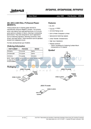 RFP8P05 datasheet - 8A, 50V, 0.300 Ohm, P-Channel Power MOSFETs