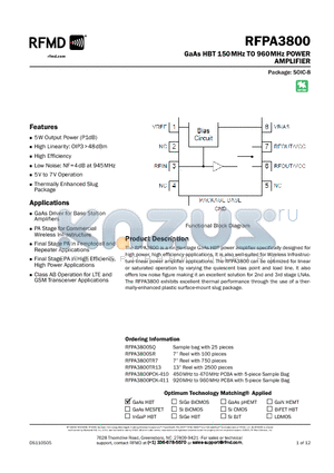 RFPA3800 datasheet - GaAs HBT 150MHz TO 960MHz POWER AMPLIFIER