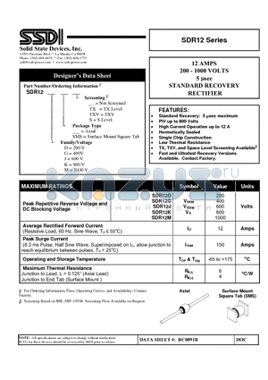 SDR12GSMSTXV datasheet - 12 AMPS 200 - 1000 VOLTS 5 usec  STANDARD RECOVERY RECTIFIER