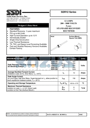 SDR12M datasheet - 12 AMPS 200 - 1000 VOLTS 5 usec STANDARD RECOVERY RECTIFIER