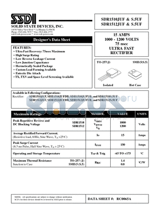 SDR1510JUF datasheet - 15 AMPS 1000 - 1200 VOLTS 75 nsec ULTRA FAST RECTIFIER