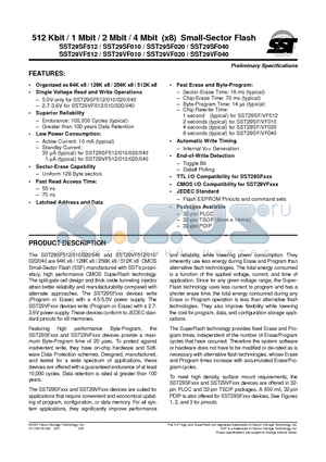 SST29SF020-70-4I-NH datasheet - 512 Kbit / 1 Mbit / 2 Mbit / 4 Mbit (x8) Small-Sector Flash