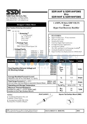 SDR1DHFSMSTXV datasheet - 1AMPS, 50thru 1200VOLTS 35nsec Hyper Fast Recovery Rectifier