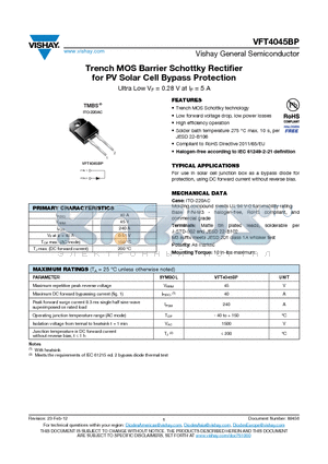 VFT4045BP datasheet - Trench MOS Barrier Schottky Rectifier for PV Solar Cell Bypass Protection