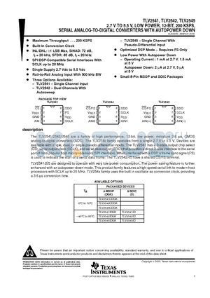 TLV2545IDGK datasheet - 2.7 V TO 5.5 V, LOW POWER, 12-BIT, 200 KSPS, SERIAL ANALOG-TO-DIGITAL CONVERTERS WITH AUTOPOWER DOWN