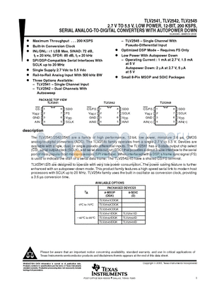 TLV2542ID datasheet - 2.7 V TO 5.5 V, LOW POWER, 12-BIT, 200 KSPS, SERIAL ANALOG-TO-DIGITAL CONVERTERS WITH AUTOPOWER DOWN