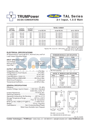 TAL-3D1215 datasheet - DC/DC CONVERTERS 2:1 Input, 1.5-3 Watt