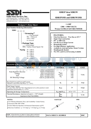 SDR1RSMS datasheet - 1 AMP 1300  1900 VOLTS 70 nsec ULTRA FAST RECTIFIER