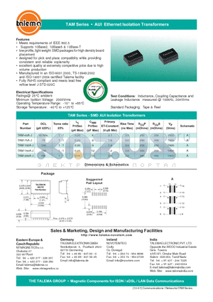 TAM-75A-J datasheet - AUI Ethernet Isolation Transformers
