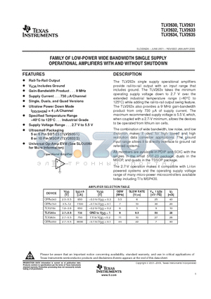 TLV2630IDBVR datasheet - FAMILY OF LOW POWER WIDE BANDWIDTH SINGLE SUPPLY OPERATIONAL AMPLIFIERS WITH AND WITHOUT SHUTDOWN